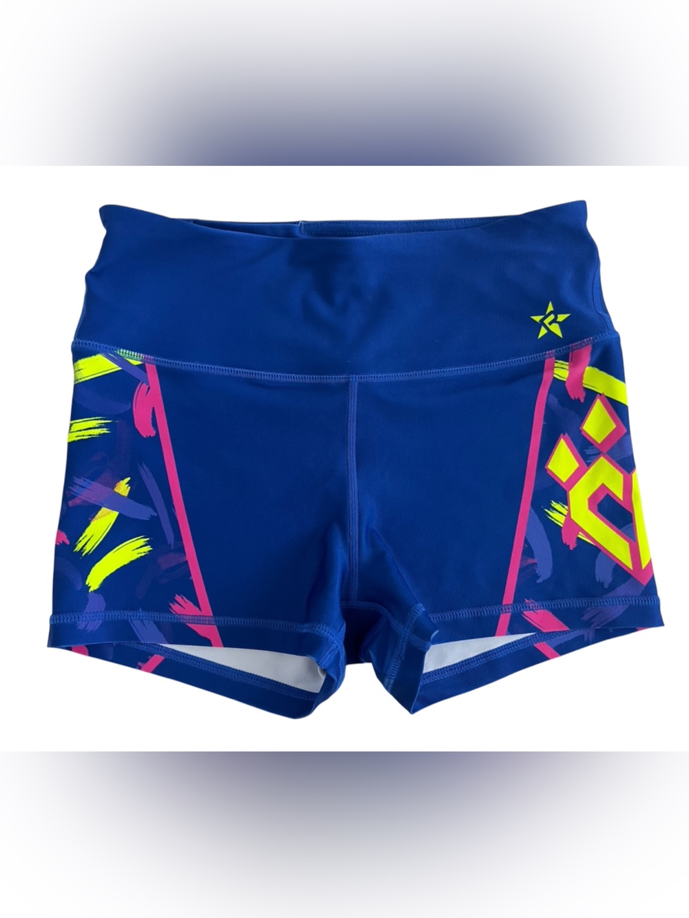Rebel athletics Royal Blue Athletic cheer Shorts with Neon Pink & Yellow Accents